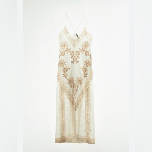 Zara Dresses & Skirts - ZARA - Delicate Lace Slip Dress with Gold Floral Embroidery